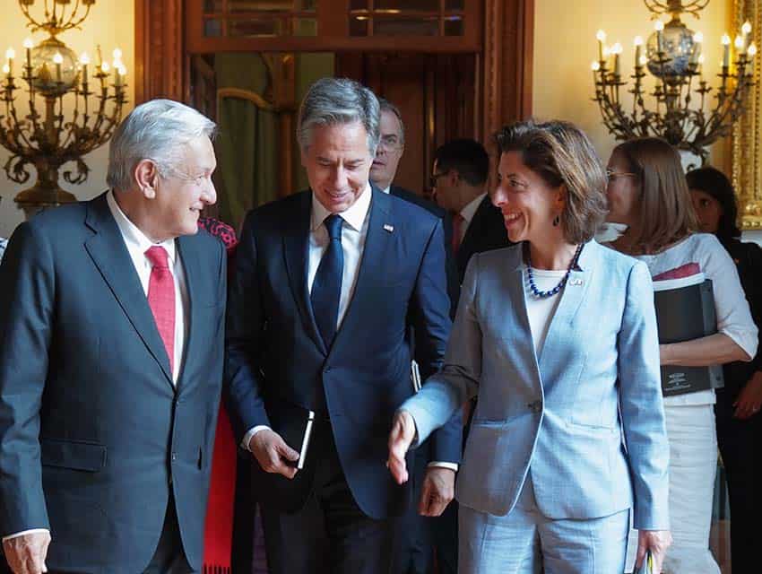 Presidente López Obrador, Sec. de EE.UU.  del Estado Antony Blinken, Sec. de EE.UU.  de Comercio Gina Raimondo