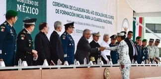 AMLO shaking hand of new National Guard member in 2020