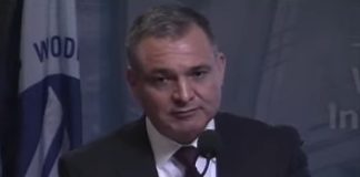 Genaro García Luna gives a presentation as a guest speaker at an event shortly before his arrest.