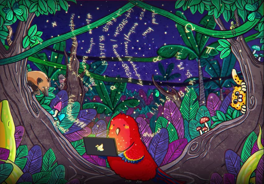For online profiles, the hacker collective Guacamaya uses art showing its avian namesake programming on a computer.