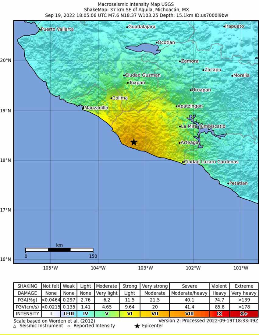 USGS map of earthquake in Mexico on 9-19-2022