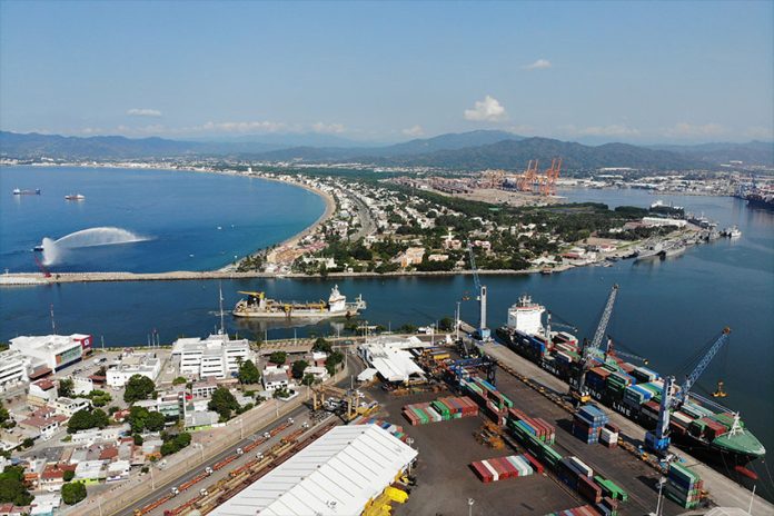 An aerial view of Manzanillo, Colima, an important port of international trade.