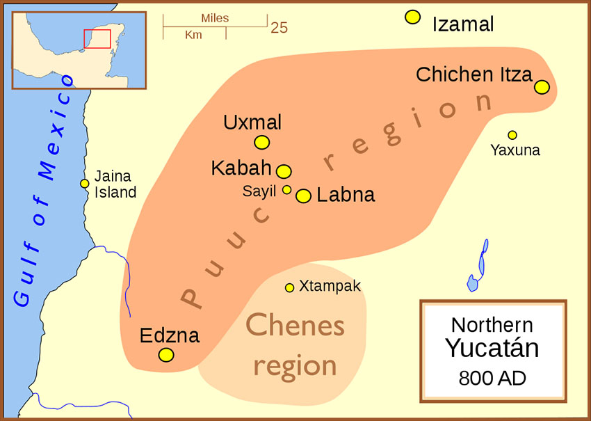 A map of pre-Hispanic Mayan communities shows the location of Edzná and Jaina island.