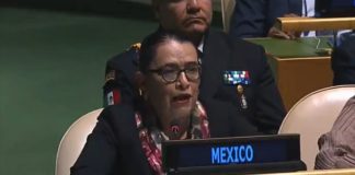 Federal Security Minister Rosa Icela Rodríguez speaks at Thursday's UN Chiefs of Police Summit in New York City.