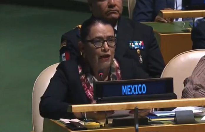 Federal Security Minister Rosa Icela Rodríguez speaks at Thursday's UN Chiefs of Police Summit in New York City.
