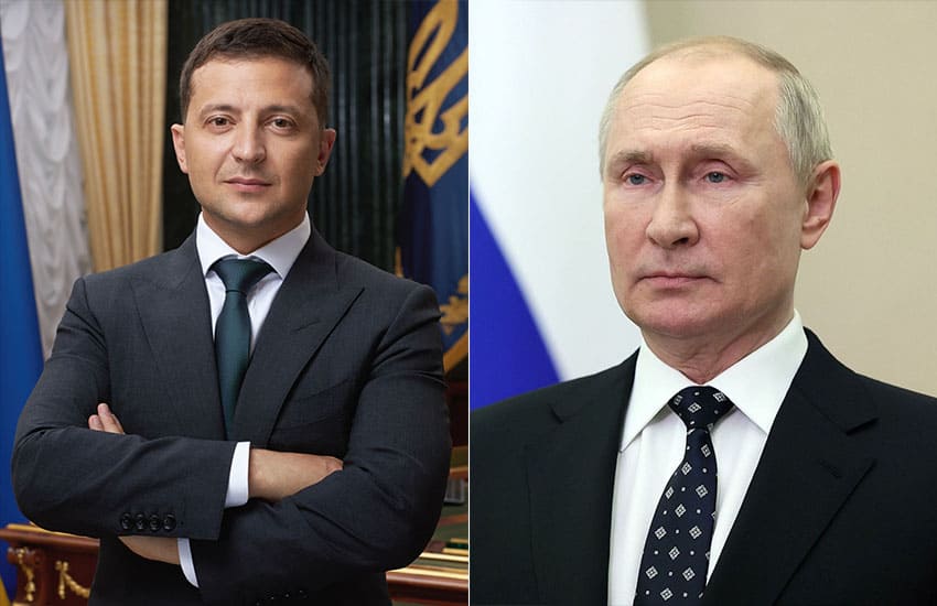 President Volodymyr Zelenskyy of Ukraine, left, and President Vladimir Putin of Russia, right.