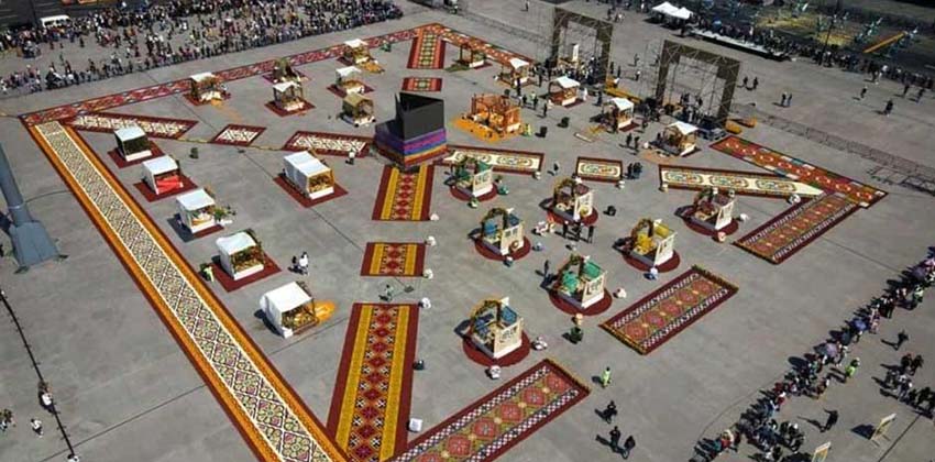 Day of the Dead altar set up in Mexico City's main square set up in 2021.