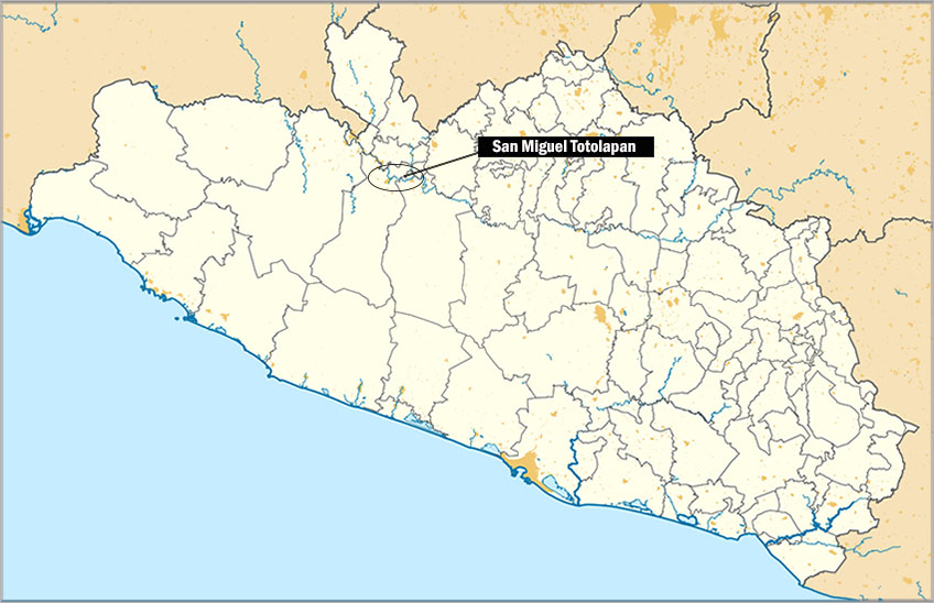 Map of Guerrero showing San Miguel Totolapan