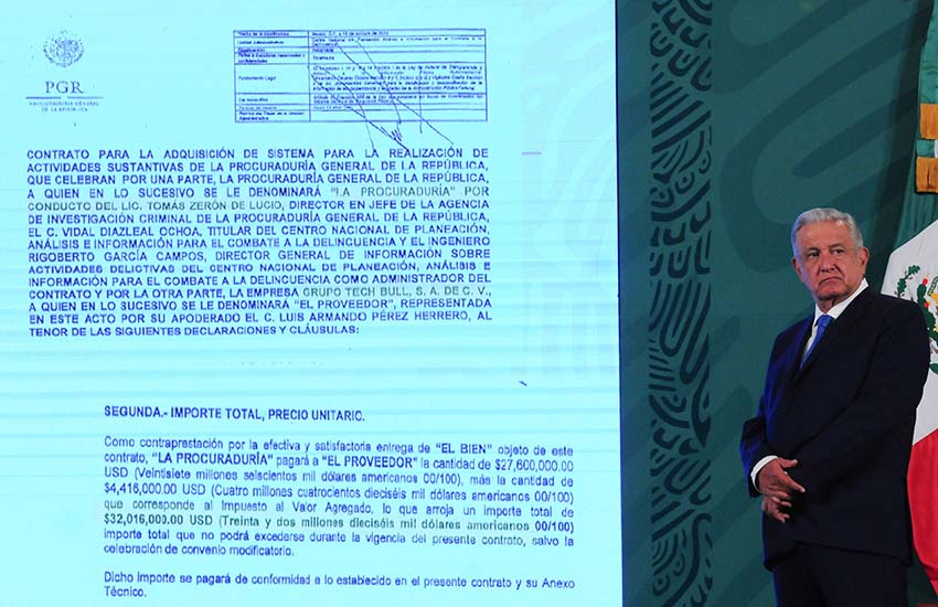 AMLO showing contract between Mexican government and NSO spying company