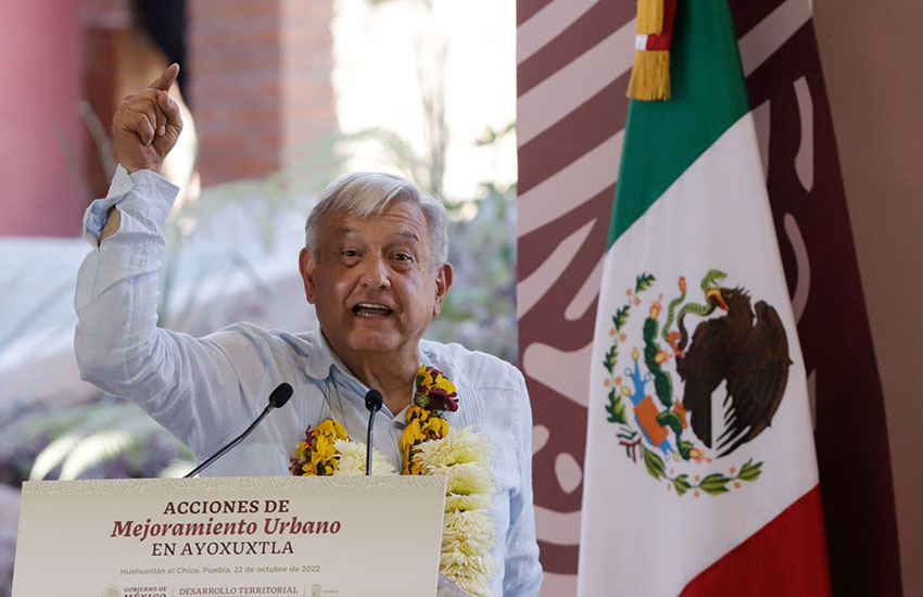 President Lopez Obrador speaking in Puebla, Mexico