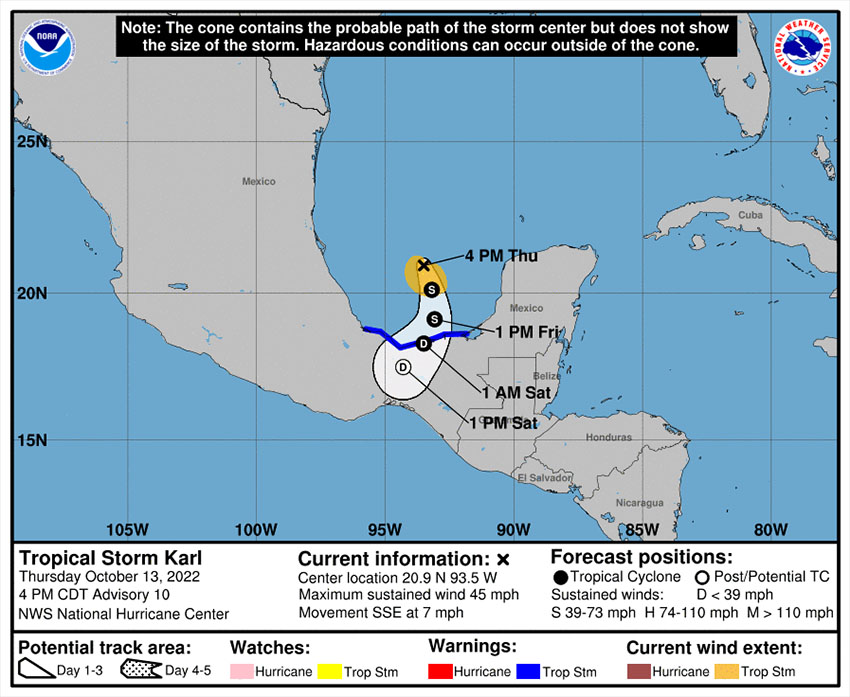 This NHC map shows the area projected to be impacted by Karl Friday and Saturday.