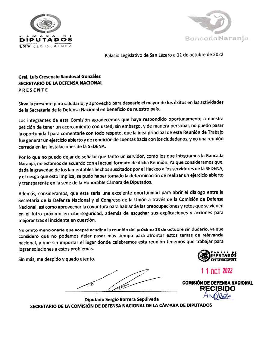 letter sent by Mexico federal deputy Sergio Barrera to Defense Minister