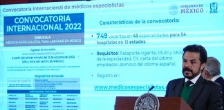 Mexico's IMSS director Zoe Robledo announcing a call to international medical specialists to work in Mexico