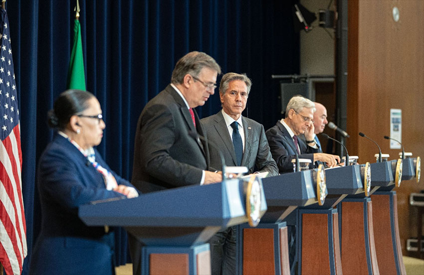 U.S. Secretary of State Antony Blinken and other officials on stage at the Washington, D.C., event. 