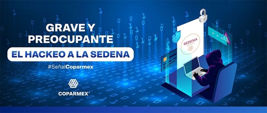 A Coparmex graphic displays the name of the associations new report, "Serious and concerning: the Sedena Hack."