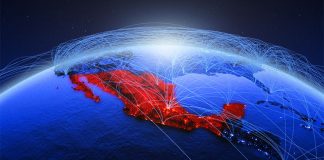 Globe with Mexico highlighted in red, and lines that represent the internet connecting it to other places in the world.