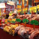 Meat on display for sale at a butcher's stand in a Mexico City market.