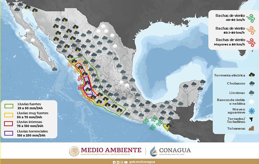 Conagua map showing the amounts of rain predicted in Mexico from Hurricane Orlene