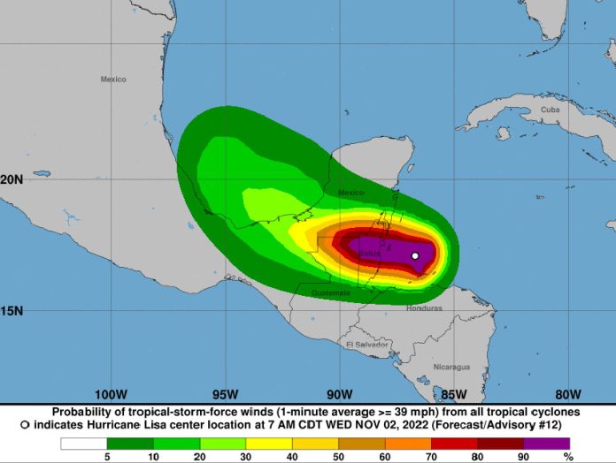 national hurricane center map of hurricane lisa