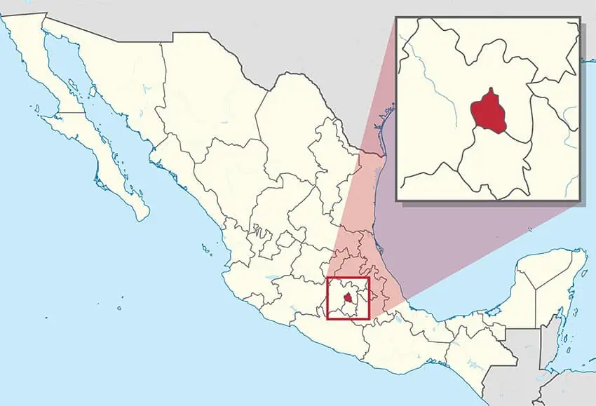 A map of Mexico with a zoomed-in pane showing the size and shape of Mexico City,