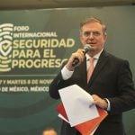 Foreign Affairs Minister Ebrard speaks at a meeting in Mexico City on Monday.