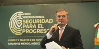 Foreign Affairs Minister Ebrard speaks at a meeting in Mexico City on Monday.