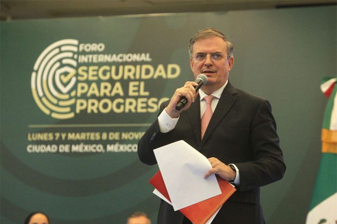 Foreign Affairs Minister Ebrard speaks at a meeting in Mexico City on Monday.