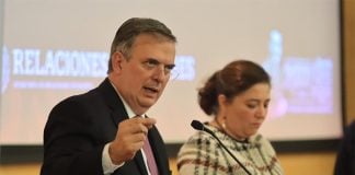 Foreign Minister Ebrard speaks at Thursday's event, "The business of death: arms trafficking in Mexico."