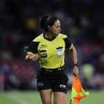 Karen Díaz runs alongside the action at a Cruz Azul versus León game in October, where she acted as assistant referee.
