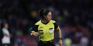 Karen Díaz runs alongside the action at a Cruz Azul versus León game in October, where she acted as assistant referee.