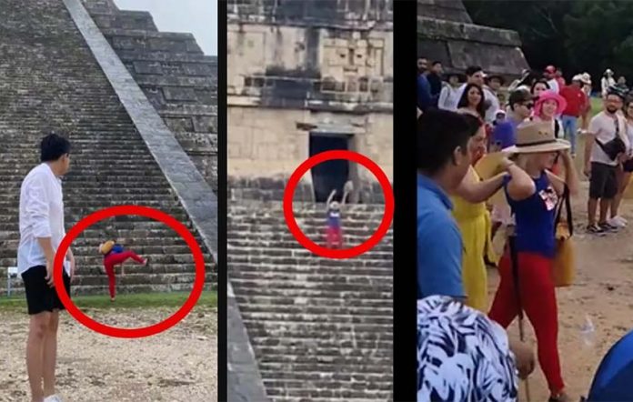 Woman illegally climbs Temple of Kukulcan at Chichen Itza