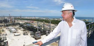 Mexican President Lopez Obrador at the Olmeca Refinery under construction in January 2022