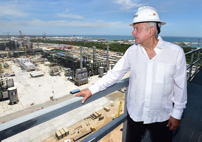 Mexican President Lopez Obrador at the Olmeca Refinery under construction in January 2022