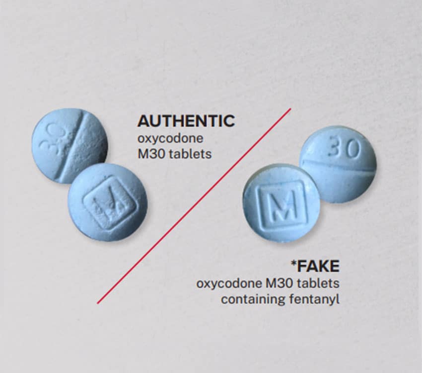 Real and fake prescription medication pills, the latter laced with fentanyl.