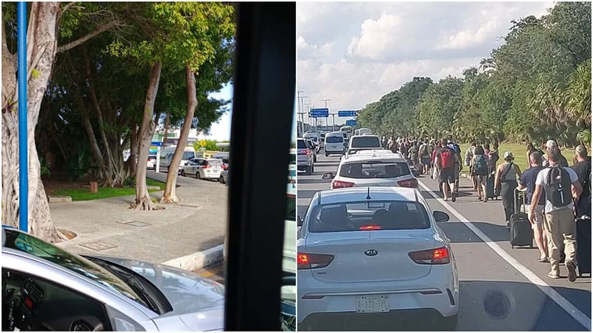 Two photos. One shows a long line of cars and the other shows people walking between another long line of cars with suitcases.