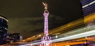 A time-lapse photo of Mexico City's Angel of Independence statue at night.