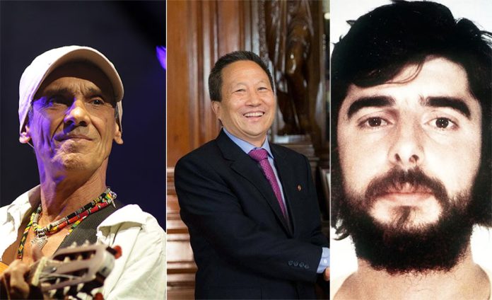 Three photos showing the faces of musician Manu Chao, former North Korean Ambassador Kim Hyong Gil, and Juan Jesús Narváez Goñi.