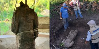 Two images: on the left, a close up of the sculpture. On the right, the headless sculpture is seen laying in a pit where it was found, with several workers standing nearby.