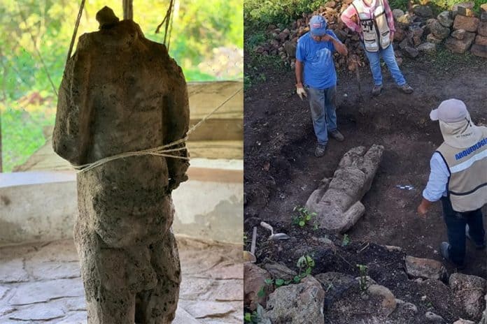 Two images: on the left, a close up of the sculpture. On the right, the headless sculpture is seen laying in a pit where it was found, with several workers standing nearby.