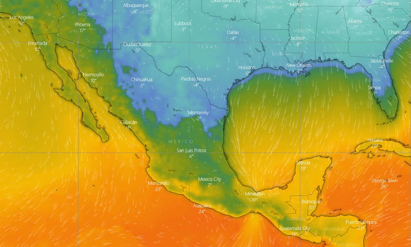 A map of Mexico and the southern U.S. color-coded by predicted temperature. Much of the border region is blue.