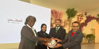 The representatives of the three 2026 host countries and Qatar at the World Cup hand-off ceremony.