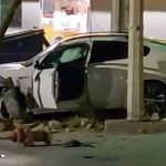 Crashed car of fugitive gang leader Ernesto Alberto Pinon de la Cruz, after he attempted to flee authorities in Juarez, Mexico