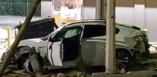 Crashed car of fugitive gang leader Ernesto Alberto Pinon de la Cruz, after he attempted to flee authorities in Juarez, Mexico