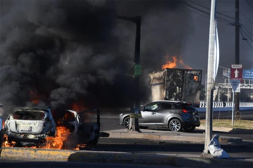 One of at least 19 "narco-blockades" that blocked Culiacán's roads on Thursday. 