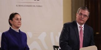 Mexico City Mayor Claudia Sheinbaum and Foreign Minister Marcelo Ebrard onstage at a recent press conference.