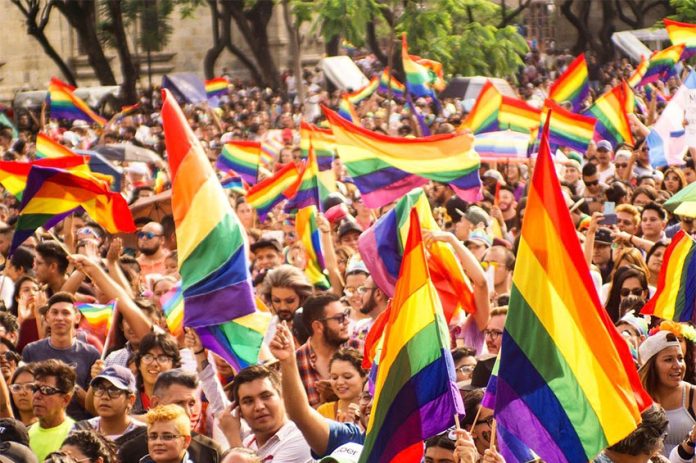 A outdoor crowd waving dozens of rainbow flags.