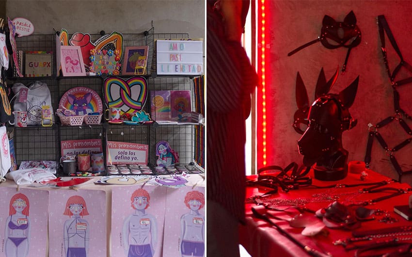 Two images: on the left, a vendor stand with a wide selection of pink and rainbow clothes, stickers and books with positive messages about sexuality. On the right, a vendor stand with red lighting, displaying black leather masks and harnesses.