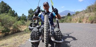 Distance handbiking Guinness record holder Michiel Desmet on his bike in Michoacan