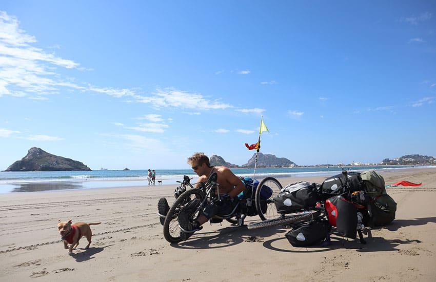 Handbiking distance record holder Michiel Desmet on Playa de Coyote beach on the Baja Peninsula.