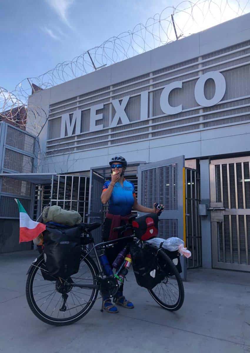 Bicyclist Chiara Maffina entering Mexico via Tijuana land crossing